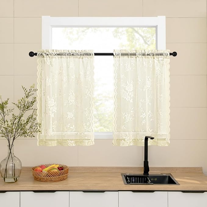SEEKRIGHT Ivory Lace Cafe Curtains 24 Inch Length 2 Panels Set Country Floral by SEEKRIGHTHomeDecor