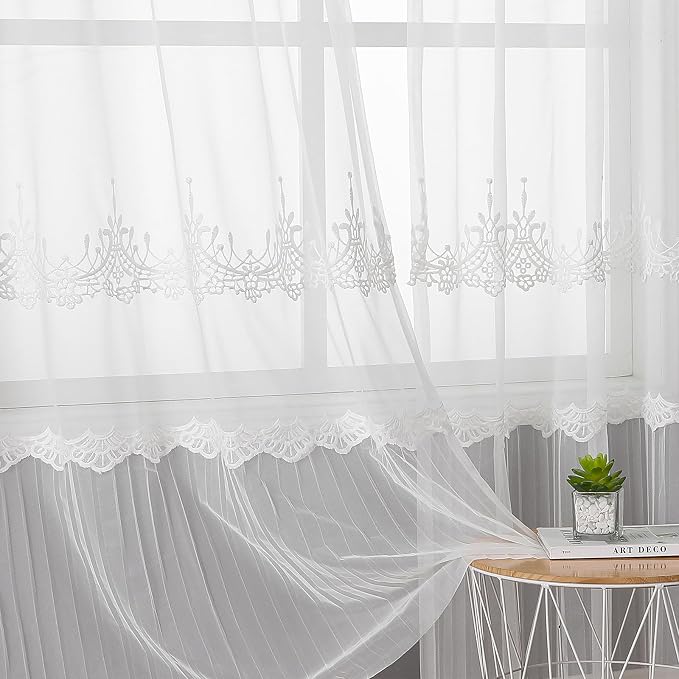 White Sheer Voile Curtains White Embossed European 54Wx72L Inch | Light - Image 4