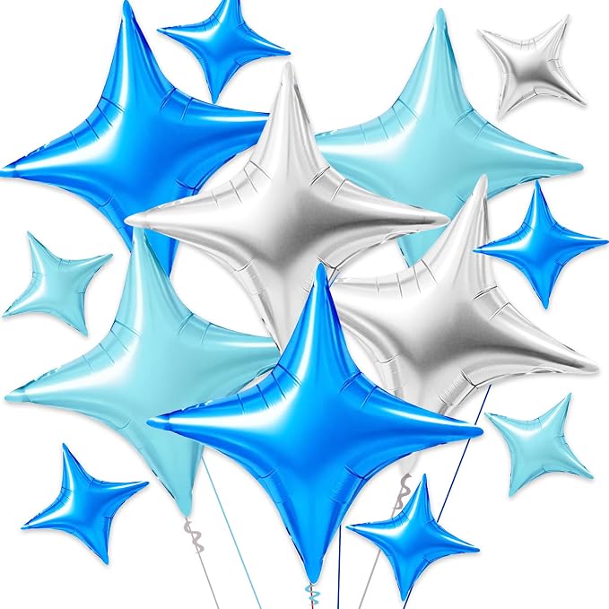 TONIFUL 30 Pcs Four Pointed Star Balloon 26In&10In Silver Blue Foil Balloon | by TONIFUL