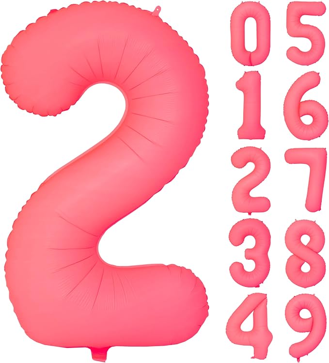 40 IN Fluorescent Red Number 2 Balloon Neon Red Digital 2 Foil Balloon | by YOIOZAIZAI
