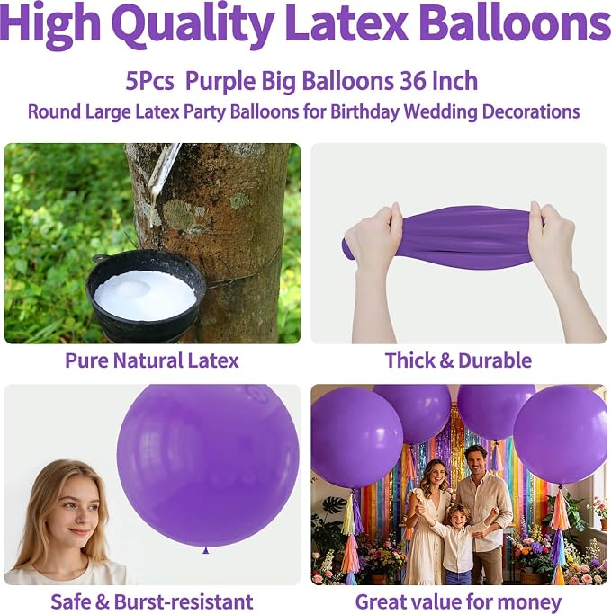5Pcs Purple Big Balloons 36 Inch, Round Large Latex Party Balloons - Image 2
