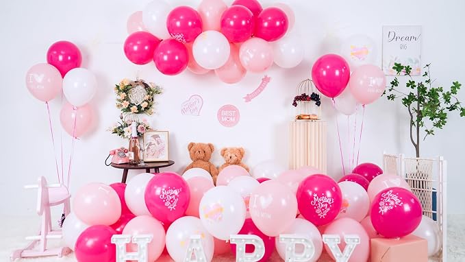 Paready Mother's Day Balloons Set, 12 Inch Helium Light Hot Pink White Latex - Image 2
