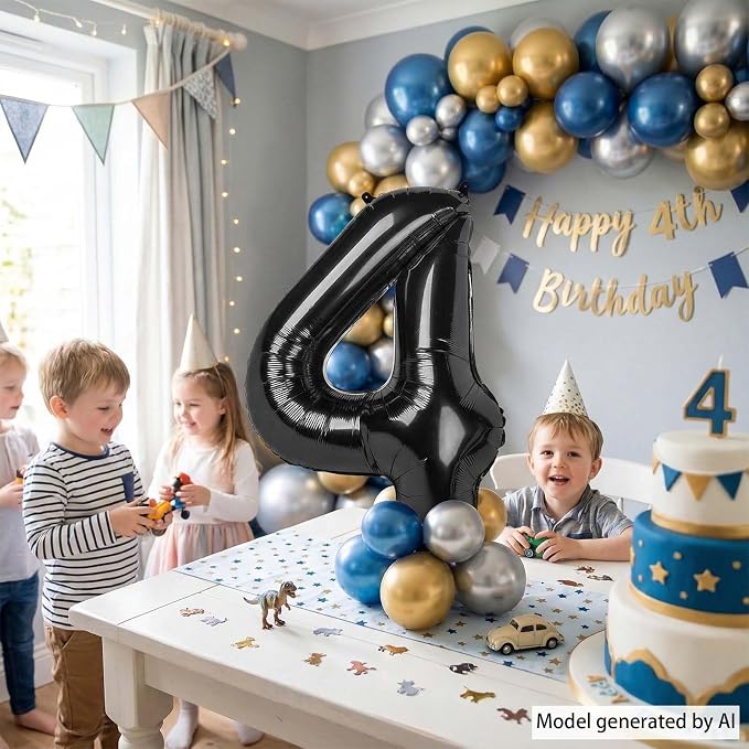 Black Number 4 Balloon 40 Inch, Sharp Metallic Foil Digit Party Supplies | - Image 7