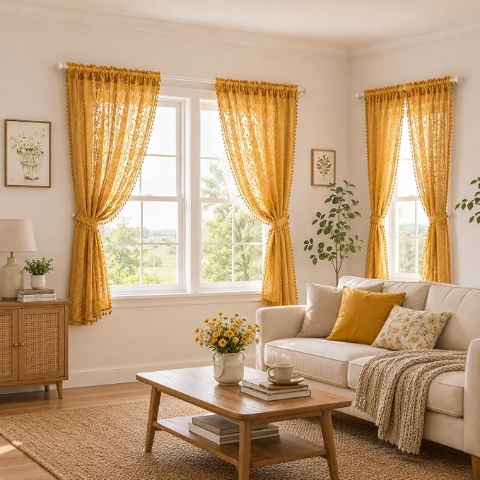 WAZZIO Boho Lace Curtains 2 Panels 63 Inch -Victorian Sheer Panel Drape French - Image 3