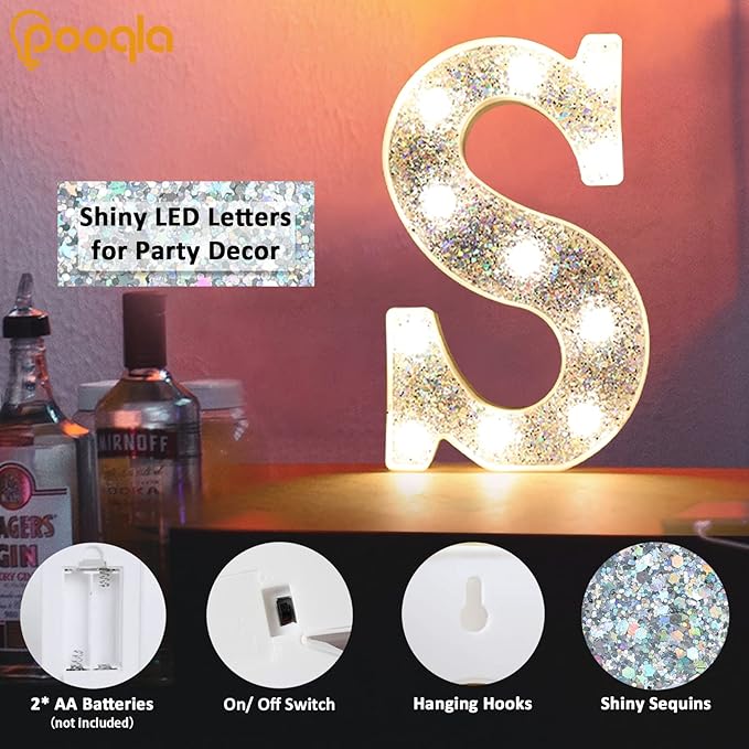 Pooqla Light Up Letters, LED Marquee Letters for Silver Birthday Decorations, Battery Powered Night Light Teenager Girl Room Decor, Gift for Girls Boys Wedding Bedroom Christmas Party Decor, Letter P