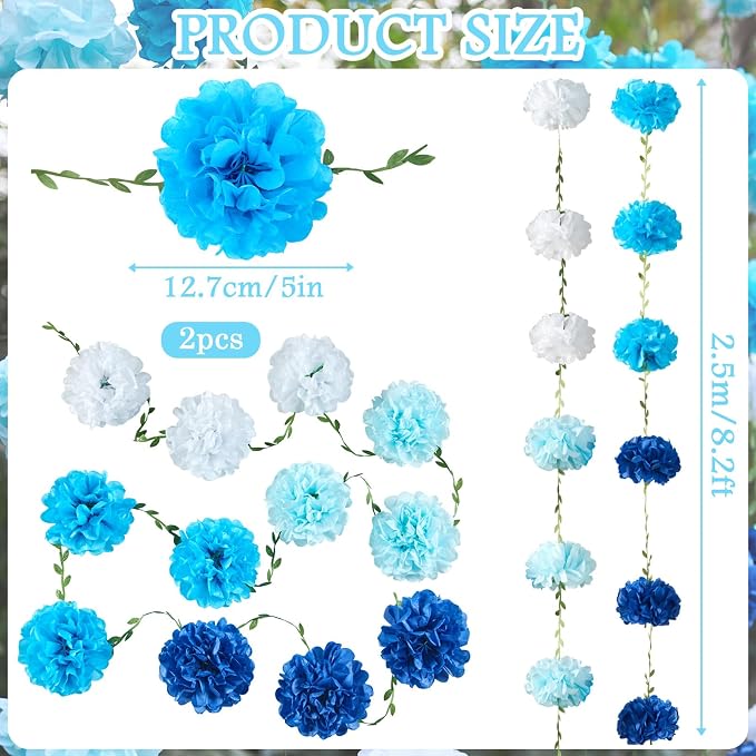 Gradient Blue Tissue Paper Pom Pom Garlands, Paper Flowers - Image 2