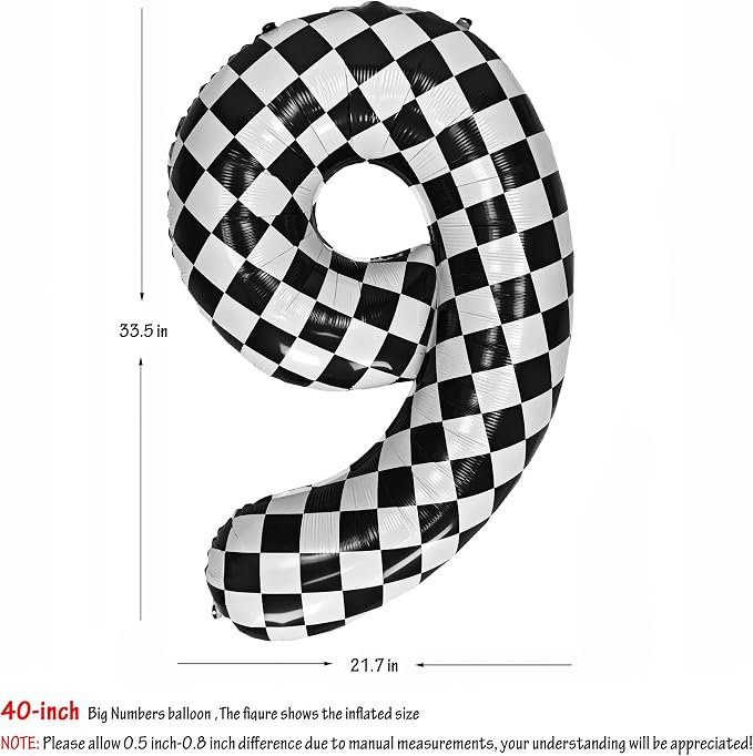 40In Black White Checkered Number 9 Balloon Race Car Digital Foil 9 Balloon | - Image 2