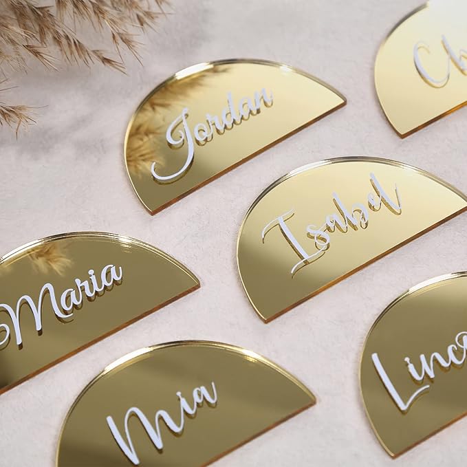 UNIQOOO 20 Pcs 3.5x2 inches Gold Mirror Half Circle Acrylic Sign DIY Blank Semicircle Acrylic Place Cards, Perfect for Wedding Table Decor, Centerpiece, Decoration, Party,Anniversary, Event