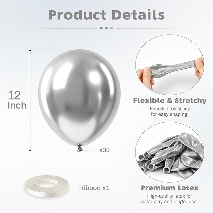 Metallic Silver Balloons 12 Inch Chrome Silver Helium Party Balloon | 30 pcs - Image 2
