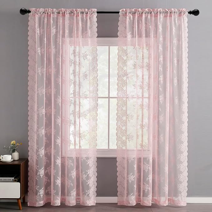 Kotile Pink Floral Lace Curtains - Image 8