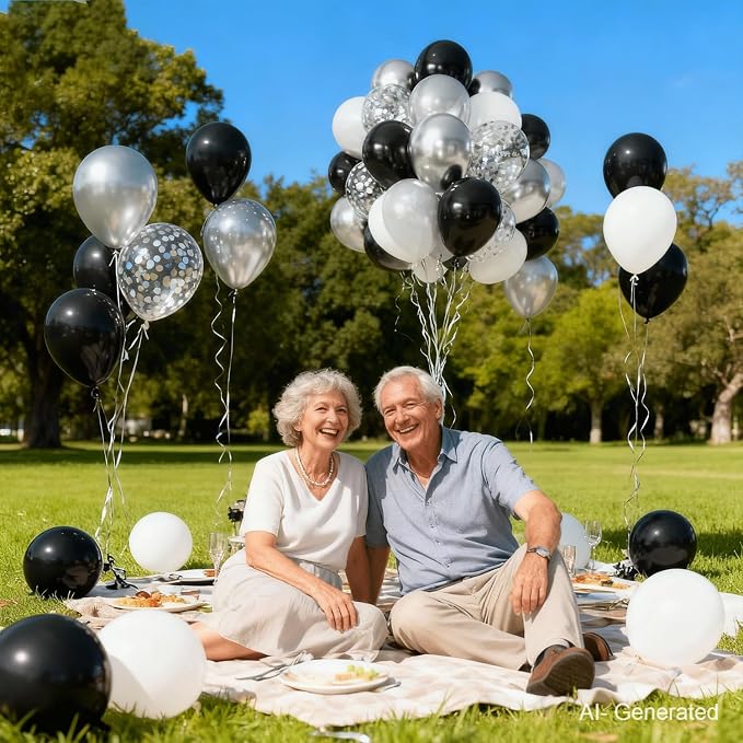 Zesliwy Black Silver White Balloons Set, Party Decor | Metallic Silver - Image 8