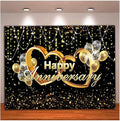 Happy Anniversary Backdrop Black and Gold Balloons Photography Background Poster by Qian