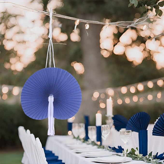 Bestage 20 Pieces Navy Round Paper Fans | Foldable Handheld Fans - Image 3