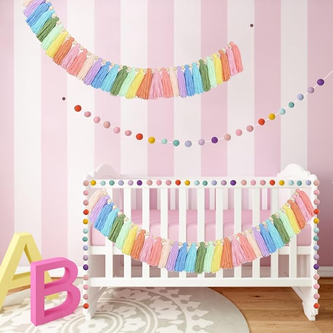 2pcs Longer Boho Tassel Garland, Pom Pom Tassel, Felt Ball Garland, Colorful - Image 6