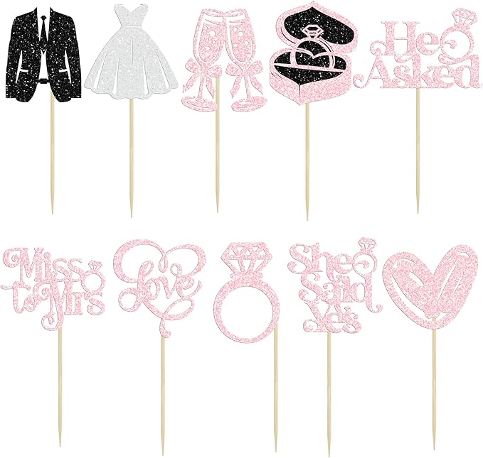 Gyufise 30Pcs She Said Yes Cupcake Toppers Glitter Diamond Ring I Do Love Cupcake Picks Miss to Mrs He Asked Bridal Shower Wedding Engagement Bachelorette Cake Decoration Light Pink
