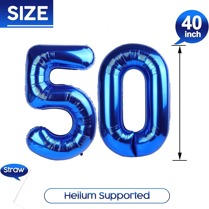 50 Balloon - Metallic Blue Birthday Number Balloons, 40 Inch Decorations | - Image 5