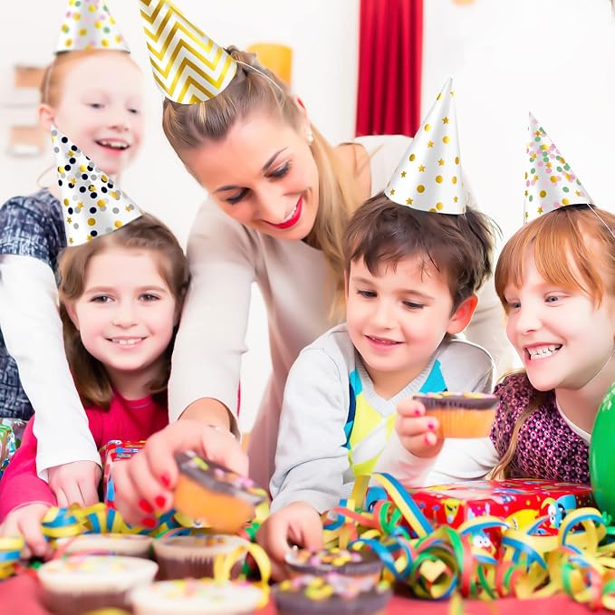 Geyoga 20 Pcs Party Cone Hats Bulk DIY Birthday Assorted Paper Cone Hats Gold - Image 5