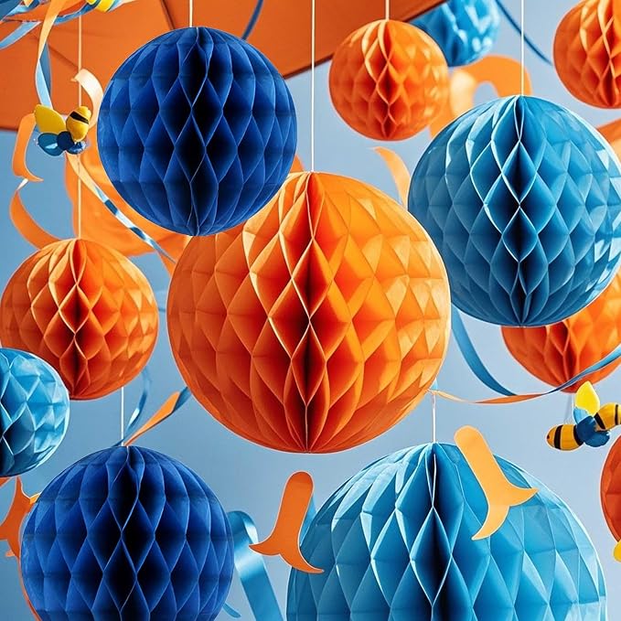 Orange and Blue Paper Honeycomb Flower Balls-12 Pcs 6" 10" Tissue Pompoms They - Image 4
