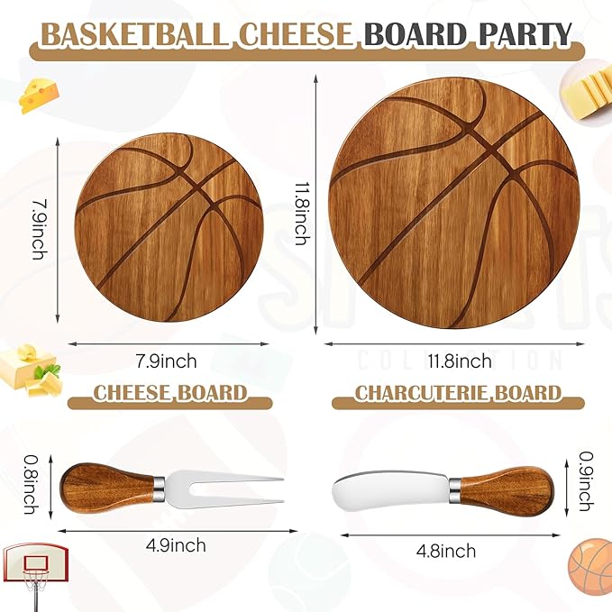 Basketball Cheese Board Gift Set Party Favor Prizes Charcuterie Wood Board with Knives and Box Father Day Gift for Dad Grandpa Party Tournament Game(7.9"x 7.9", Acacia Color)