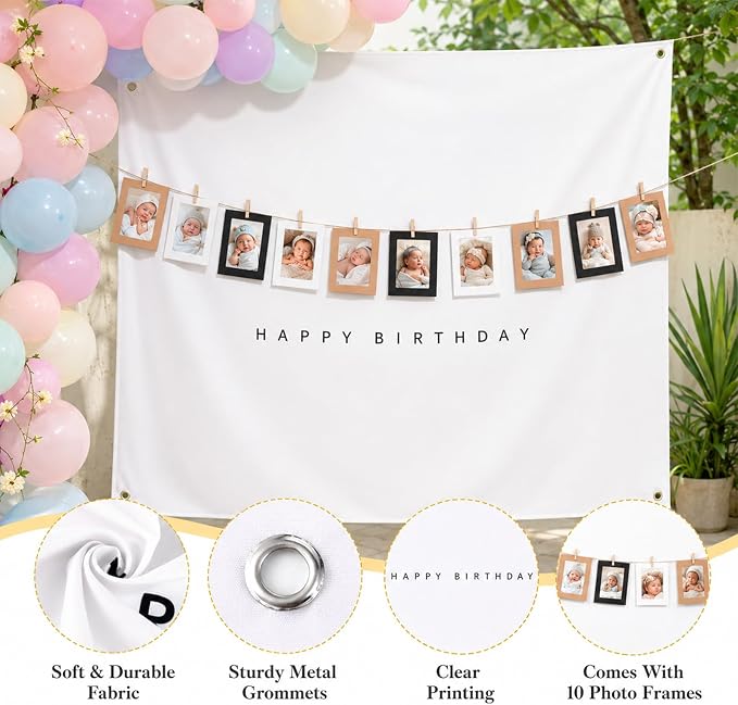 Wiooffen 59x59 In Happy Birthday Tapestry Minimalist White Fabric Banner Happy - Image 3