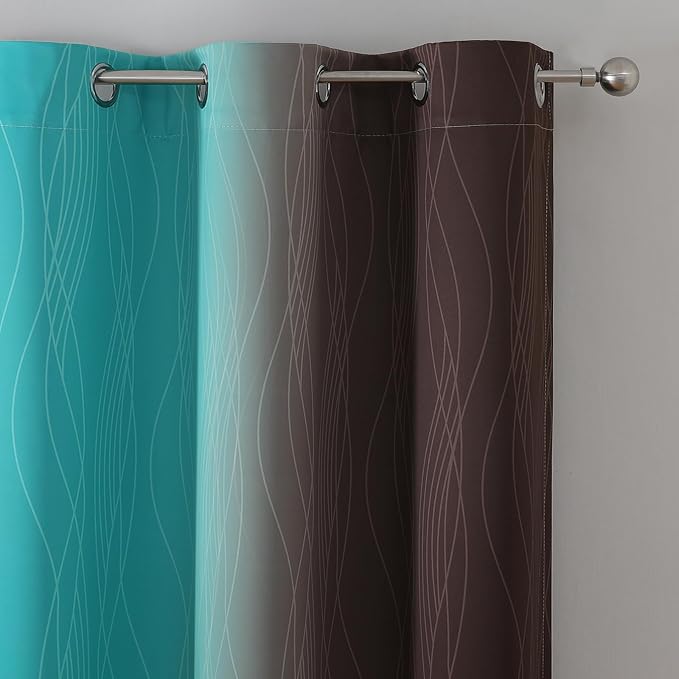 Brown and Teal Room Darkening Blackout Curtains 84 Inch Length 2 Panels Set - Image 4
