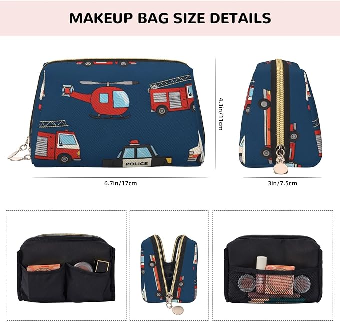 Navy Blue Transportation Leather Makeup Bag Cosmetic Pouch Portable Travel - Image 4