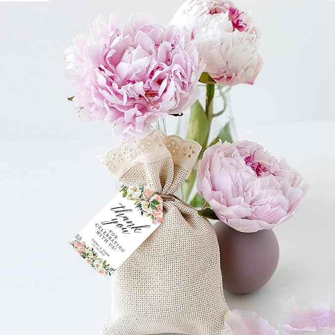 Andaz Press 100-Pack Personalized Thank You for Celebrating with Us Wedding Favor Tags with Bakers Twine Peach Coral Floral Garden Custom Cardstock Wedding Gift Tags for Party Favors 2 x 3.75-Inches