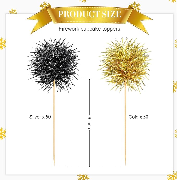 Chinco 100 Pcs Foil Firework Cupcake Toppers Black and Gold Sparkle Tinsel Cake - Image 3