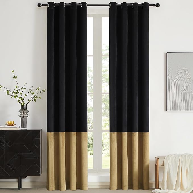 BULBUL Black Gold Color Block Window Curtains Panels 90 inches Long Velvet by ModernShinyVelvetCurtains