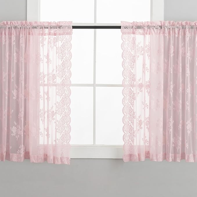 Kotile Short Pink Lace Curtains Rustic Floral W42 x L45 Inch, 2 Panels | Rod - Image 5