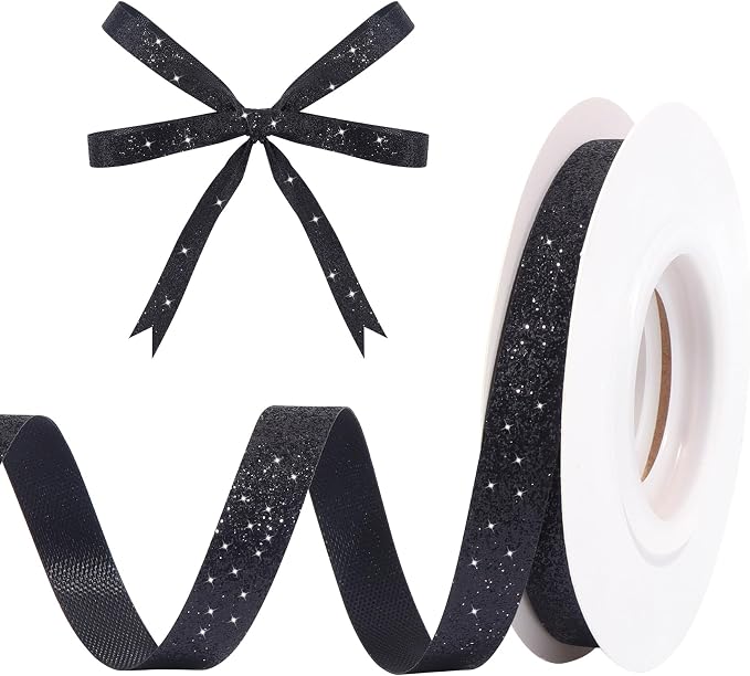 Black Metallic Glitter Ribbon for Gift Wrapping 3/8in x 10Yds | Cheer Sparkle by HISWAN