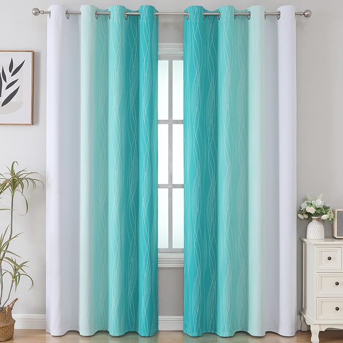 Teal and Greyish White Blackout Curtains 102 Inch Length 2 Panels Set, Thermal - Image 2