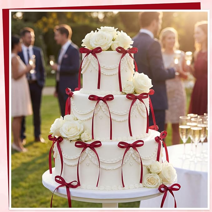 30 Pack Bow Cake Toppers Wine Red Ribbon Bows - Image 3