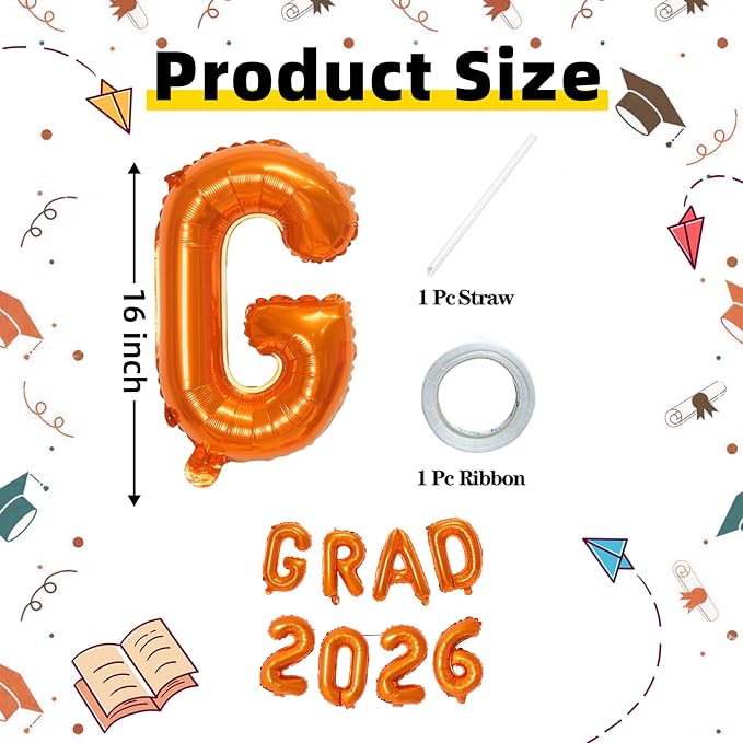 Orange GRAD 2026 Banner Balloons, 16 Inch Mylar Foil letter Graduation Balloons - Image 2