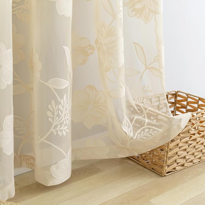 Treatmentex Beige Lace Curtains 63inch Rose Floral and Leaf Sheer Window - Image 8