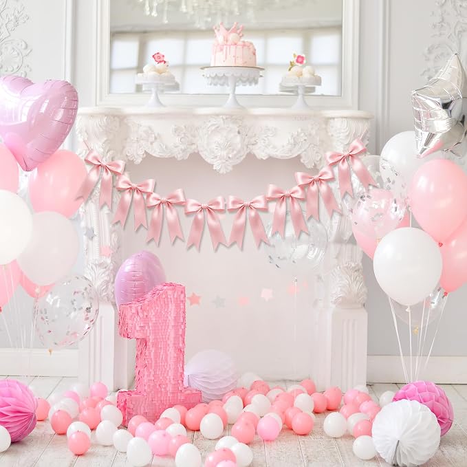 1 String of 8PCS Pink Bow Garland Banner Decoration, Pre-Strung Satin Ribbon - Image 6