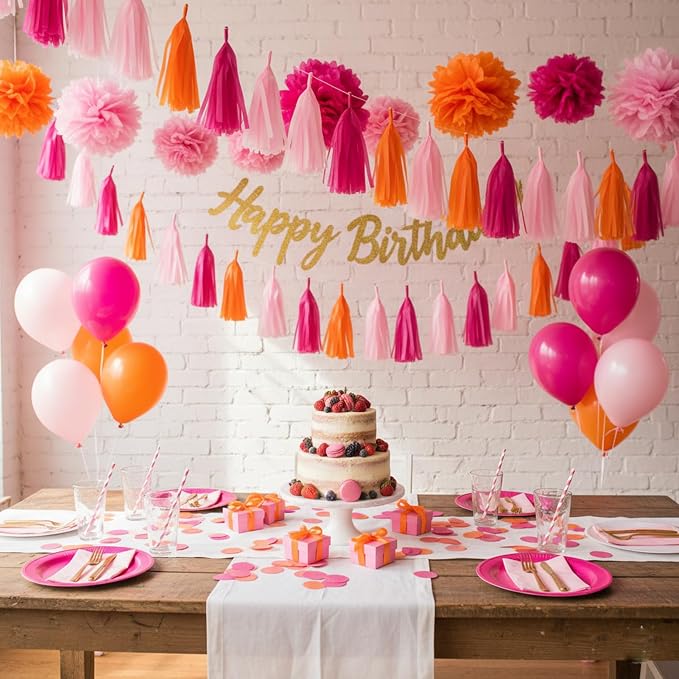 Hot Pink Pink and Orange Tassel Garland Banner, 30 Pack Paper Tassels Streamers - Image 3
