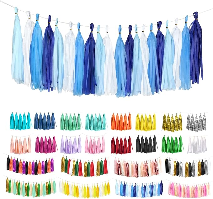 Blue Tassel Garland 20 Pcs, Tissue Paper Tassels Garland Banner by ODDODDY