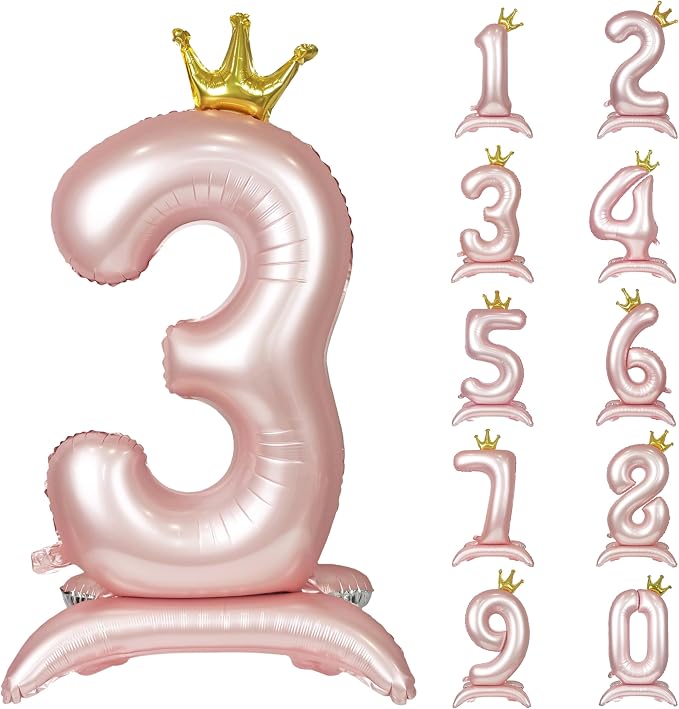 Pink Crown Number 3 Balloon Standing Pink Princess digital 3 Foil Balloon | by YOIOZAIZAI