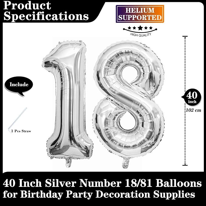 Silver 18 Number Balloons, 40 Inch Giant Number 18 Balloons Foil Mylar Helium - Image 2