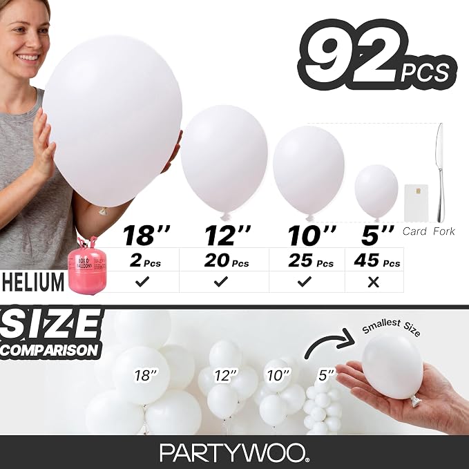 PartyWoo White Balloons 92pcs Different Sizes Pack of 18 12 10 5 Inch Matte - Image 6