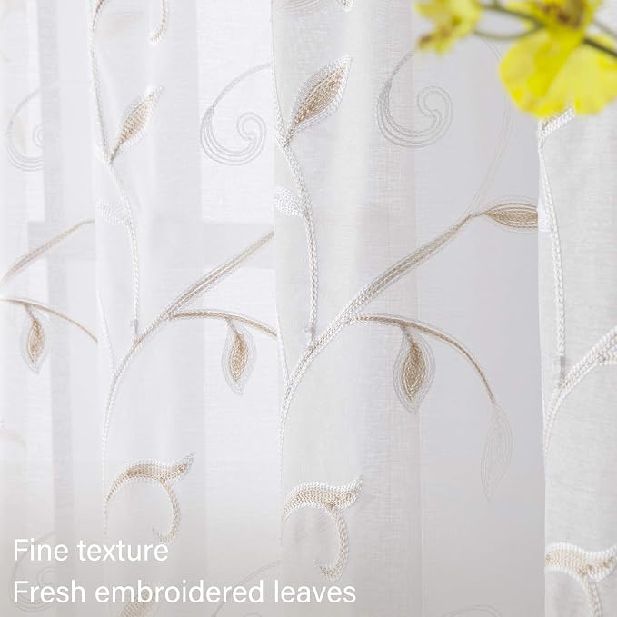White Sheer Curtains Beige Embroidered Leaves 2 Panels 54Wx96L | Light - Image 4