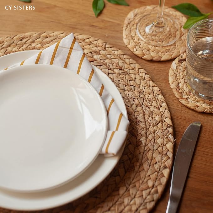 Round Placemats Set of 8 Natural Woven Rattan Placemats, Braided Boho Farmhouse - Image 2