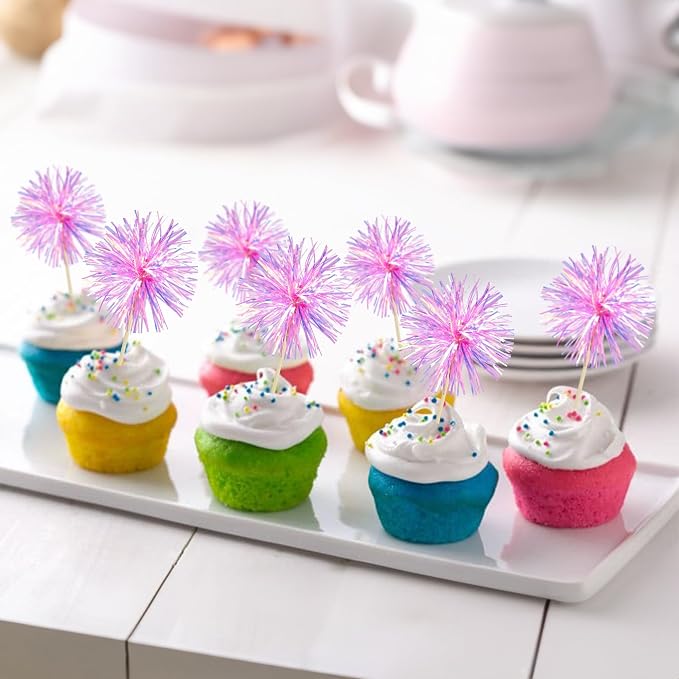Gyufise 30Pcs Foil Firework Cupcake Toppers Sparkle Tinsel Cake Toppers Tinsel - Image 4