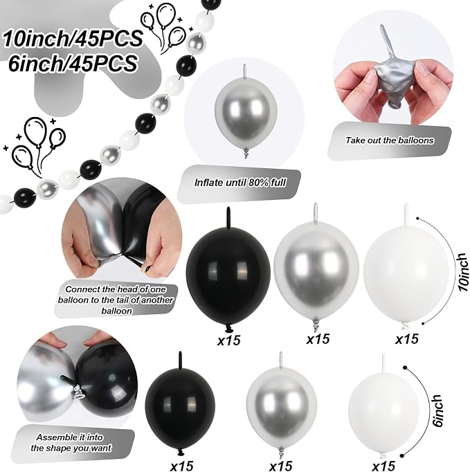 90PCS Black White and Silver Linking Balloons, Wedding Birthday Baby Shower - Image 2
