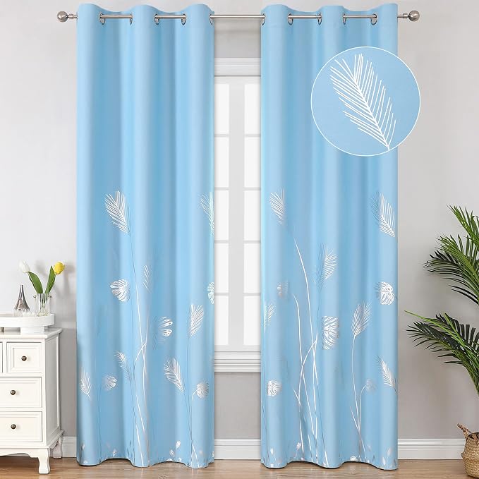 Sky Blue Blackout Curtains for Living Room, Room Darkening Silver Palm Tree by ESTELARTEXTILER