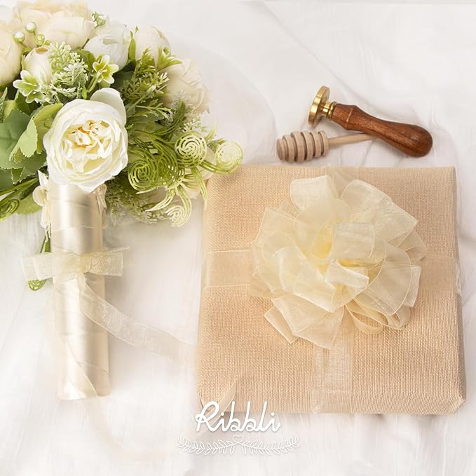Ribbli Cream Organza Ribbon,1 Inches x Continuous 50 Yard, Cream Sheer Ribbon for Gift Wrapping,Cookie Wrapping,Wedding Decoration,All Crafting and Sewing