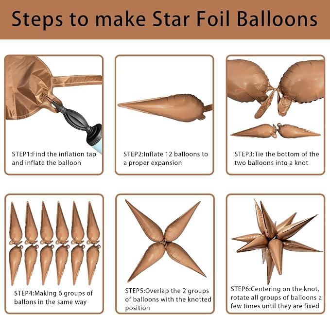 6Pcs Brown Star Balloons Boho Birthday Decorations Explosion Mylar Balloons | - Image 6