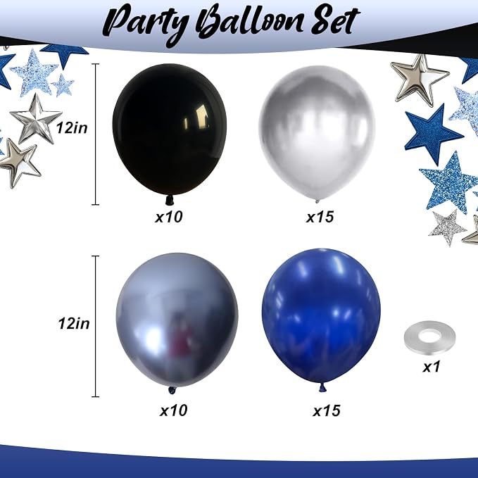 Navy Blue and Black Balloons, 12 Inch Metallic Dark Navy Blue and Silver - Image 2