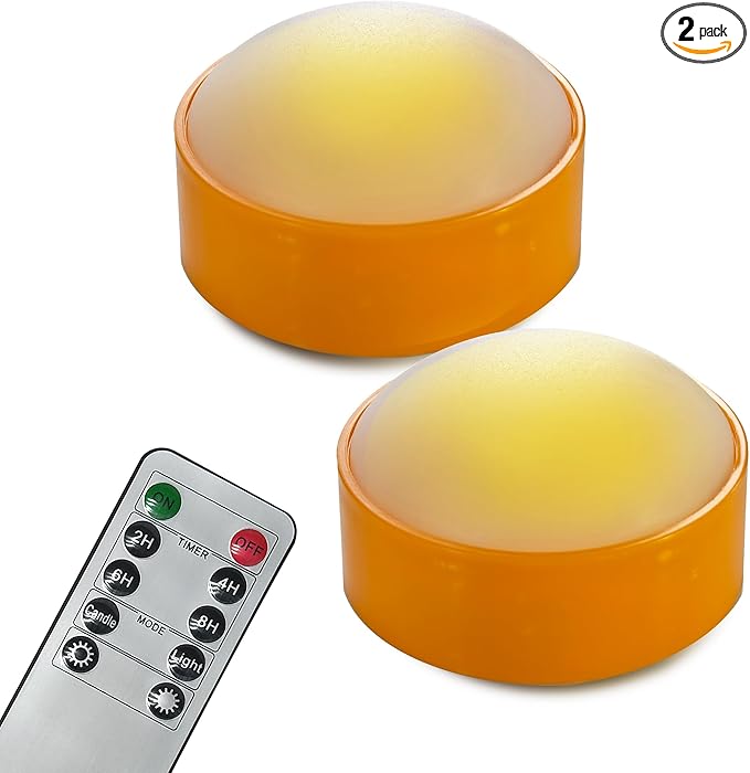 LED Pumpkin Lights with Remote and Timer, Battery Operated Bright Flickering Flameless Candles for Pumpkin Decor, Jack-O-Lantern Halloween Party Decorations,Orange Color, 2 Pack